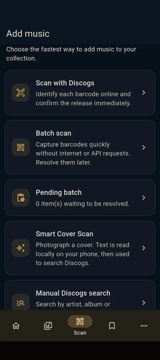 Real Collexall Add Music screen with scanning options